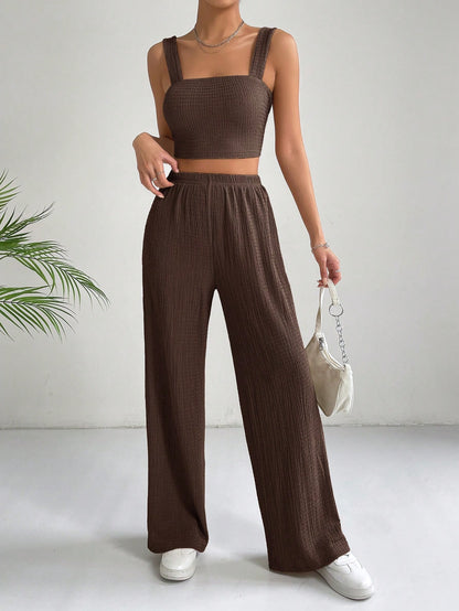 SHEIN EZwear Conjunto de dos piezas con top corto estilo camisola y pantalones de pierna ancha