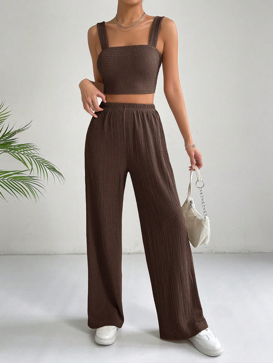 SHEIN EZwear Conjunto de dos piezas con top corto estilo camisola y pantalones de pierna ancha