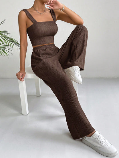 SHEIN EZwear Conjunto de dos piezas con top corto estilo camisola y pantalones de pierna ancha