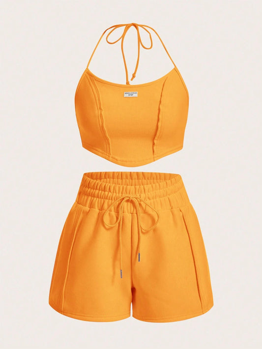 SHEIN EZwear Conjunto de top halter y shorts de punto para mujer, de unicolor y con elasticidad