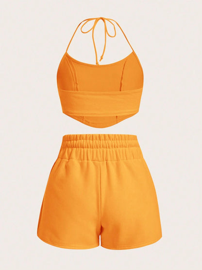SHEIN EZwear Conjunto de top halter y shorts de punto para mujer, de unicolor y con elasticidad