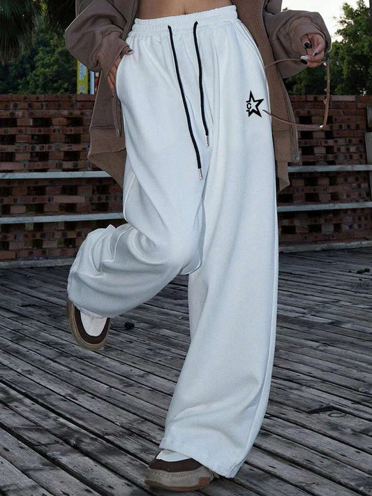 SHEIN EZwear Pantalones De Mujer Ajustados Con Cordón En La Cintura Y Estampado De Estrellas