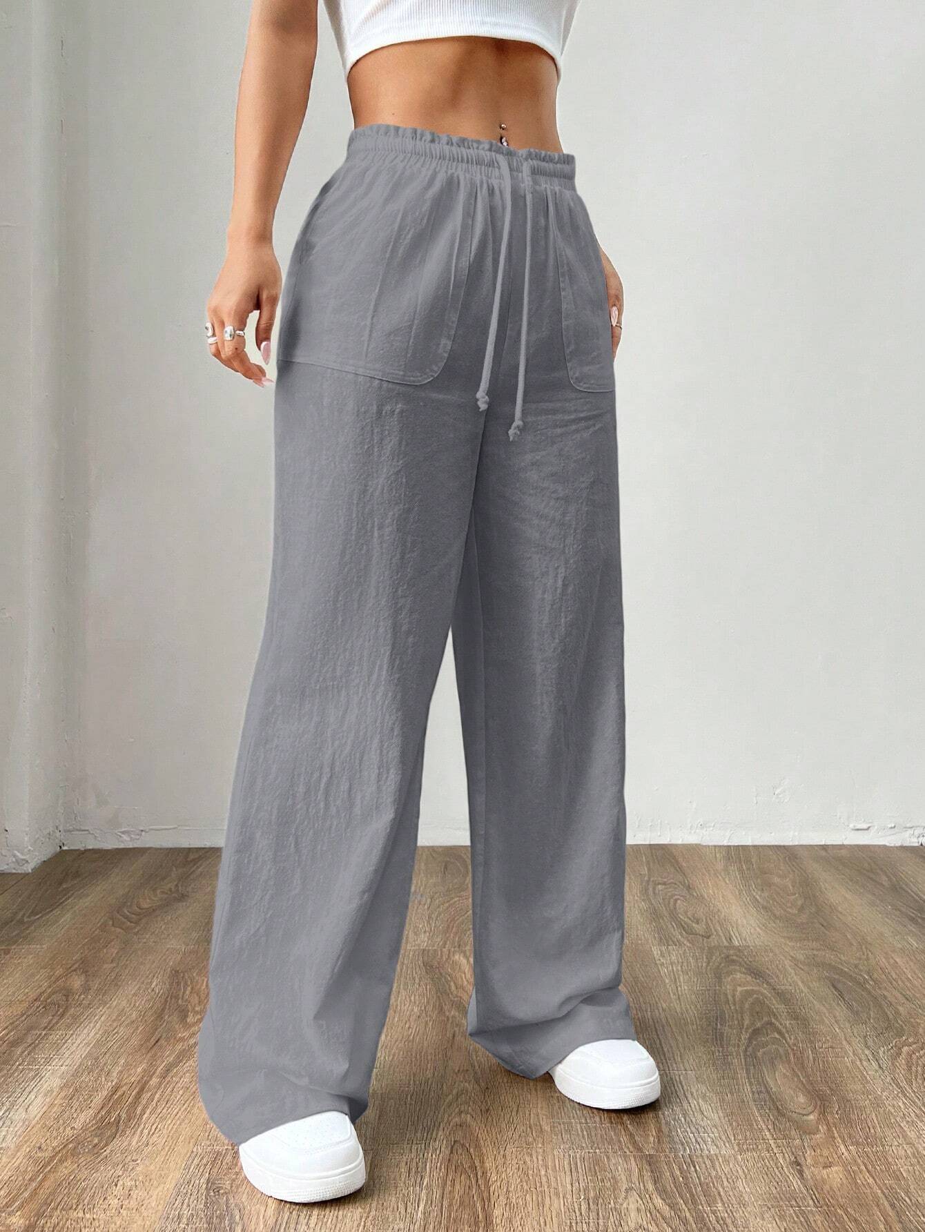 SHEIN EZwear Pantalones anchos de pata ancha tejidos en gris para mujeres