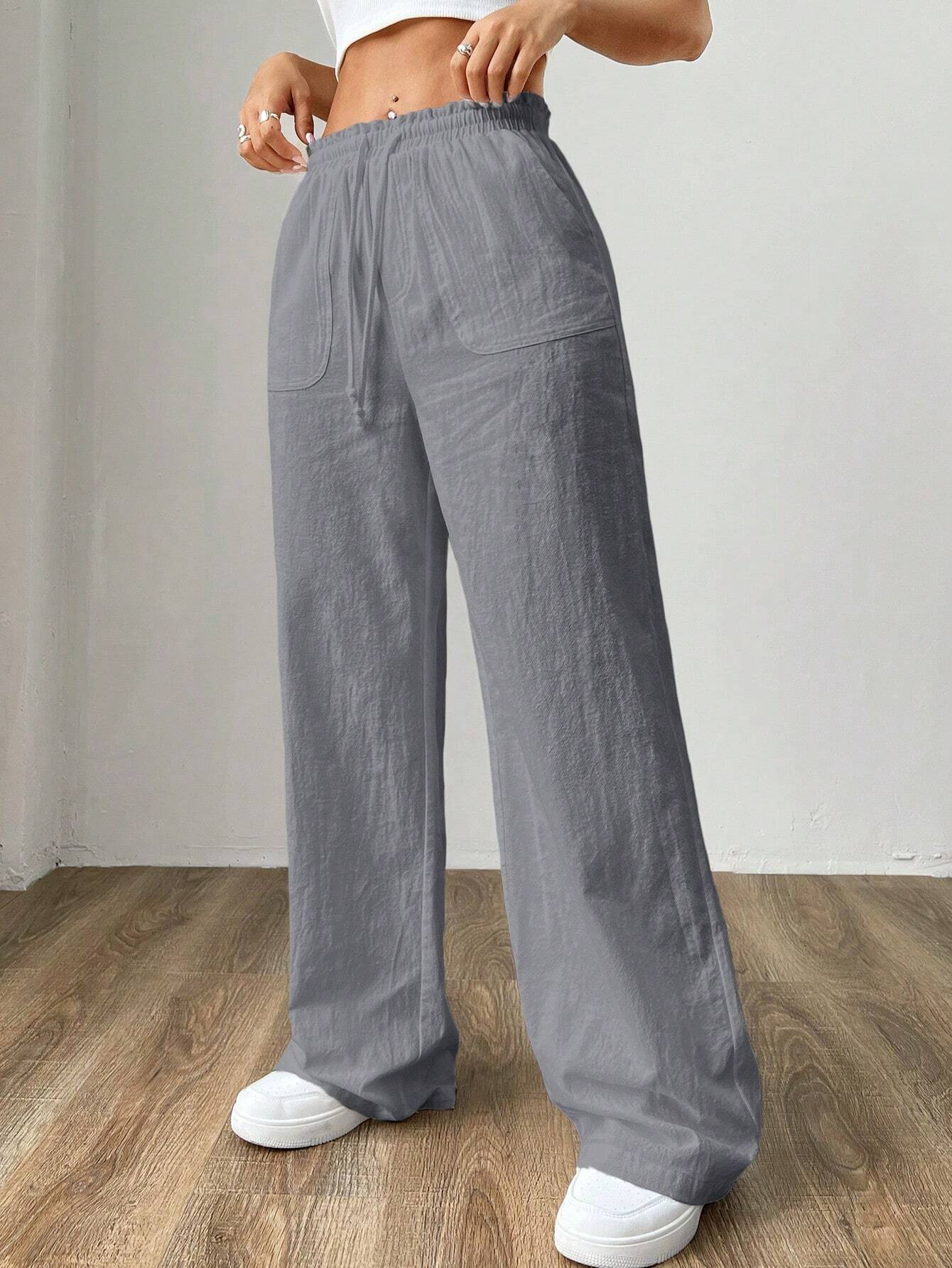 SHEIN EZwear Pantalones anchos de pata ancha tejidos en gris para mujeres