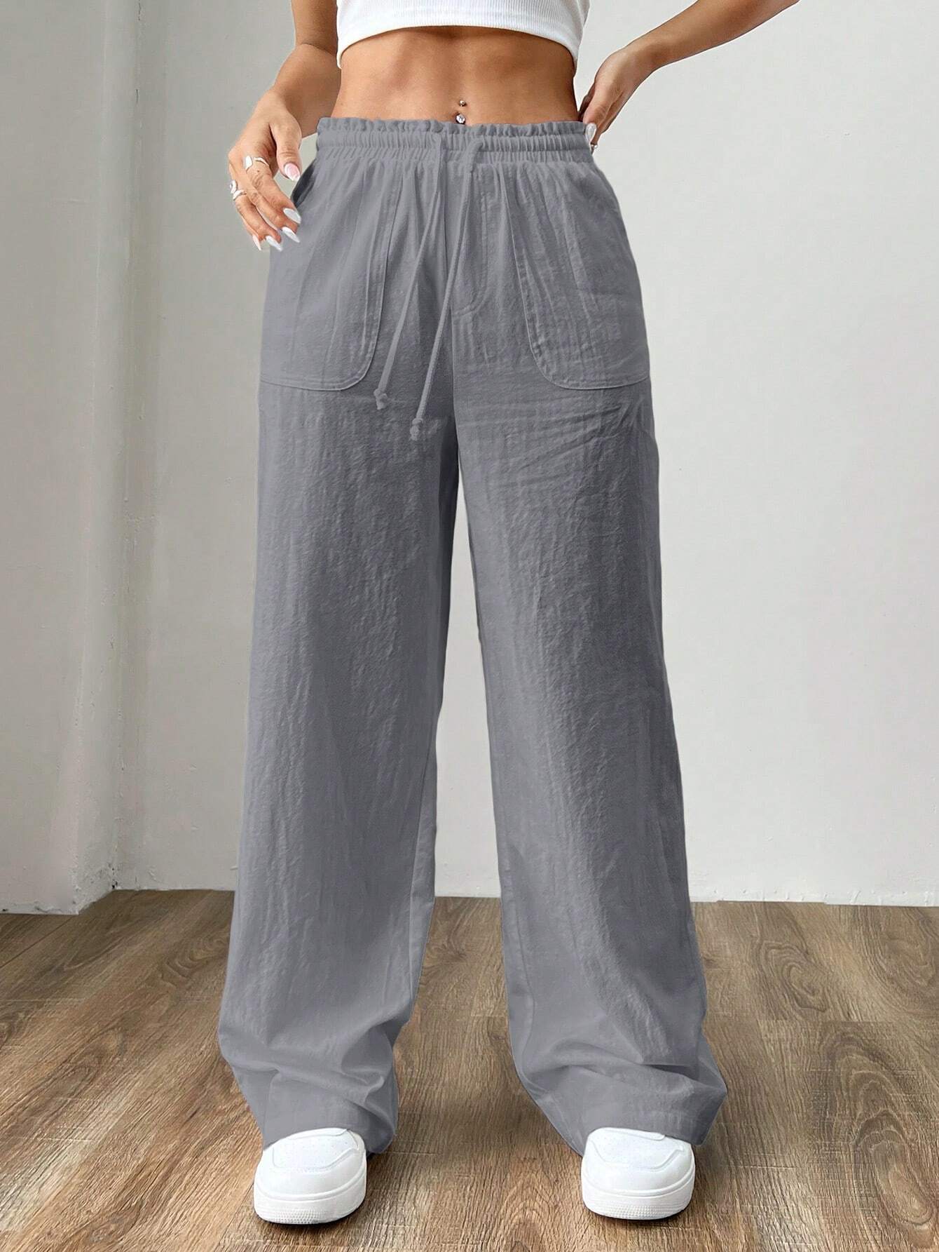 SHEIN EZwear Pantalones anchos de pata ancha tejidos en gris para mujeres