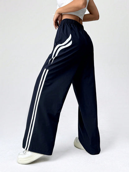 SHEIN EZwear Pantalones cargo holgados de pierna ancha con cordón en la cintura y rayas laterales para mujer