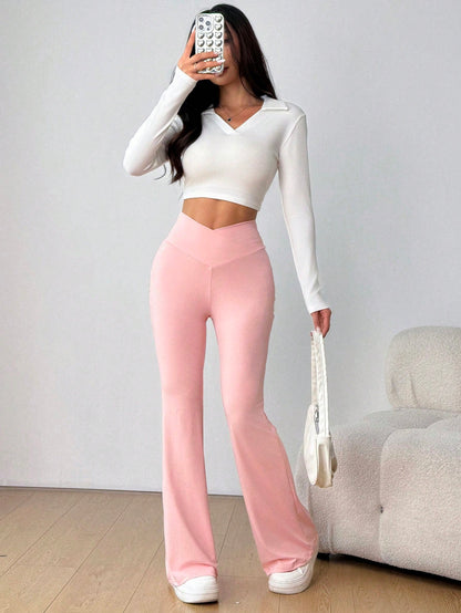 SHEIN EZwear Pantalones rectos de cintura alta de color liso y casual