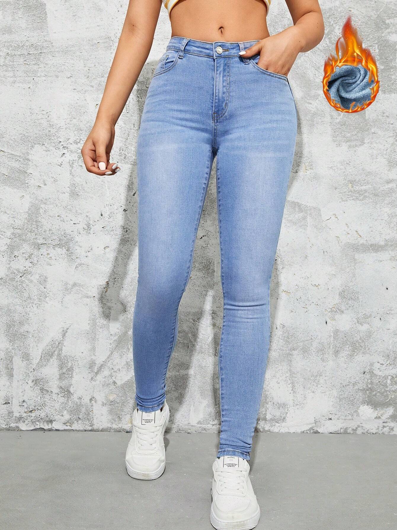 SHEIN EZwear Jeans ajustados cepillado de tela térmico con bolsillo oblicuo