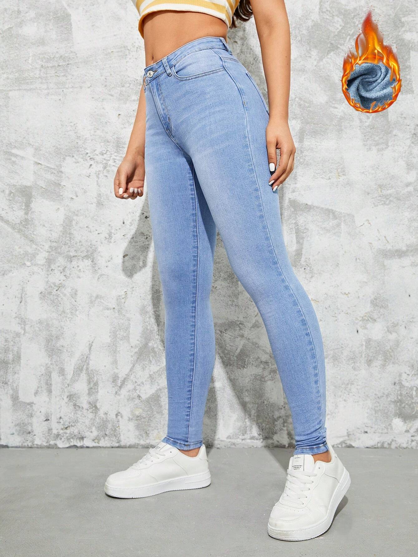SHEIN EZwear Jeans ajustados cepillado de tela térmico con bolsillo oblicuo
