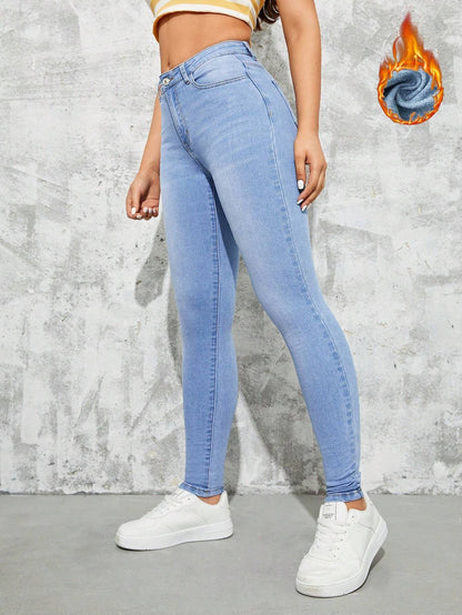 SHEIN EZwear Jeans ajustados cepillado de tela térmico con bolsillo oblicuo