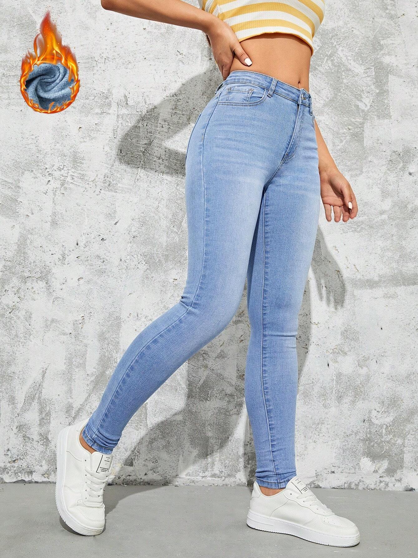 SHEIN EZwear Jeans ajustados cepillado de tela térmico con bolsillo oblicuo
