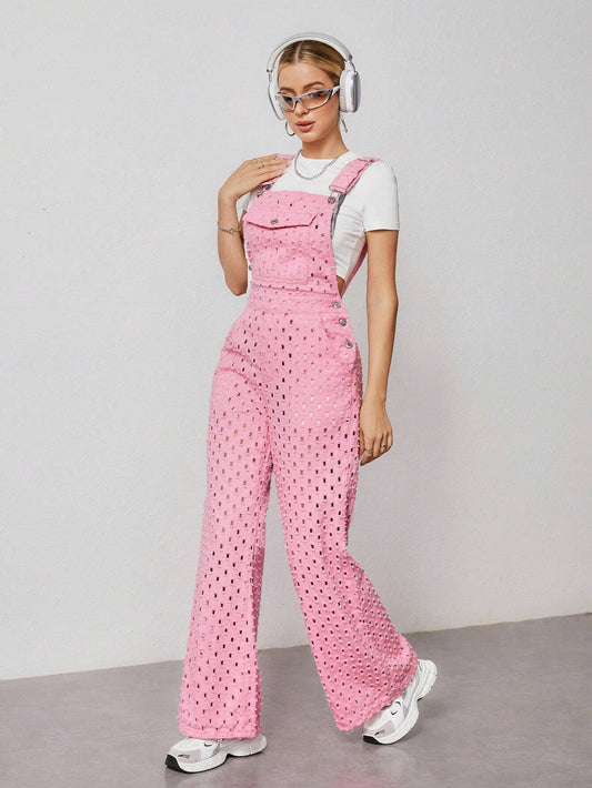SHEIN EZwear Peto tejano con bolsillo de solapa y detalles calados sin camiseta