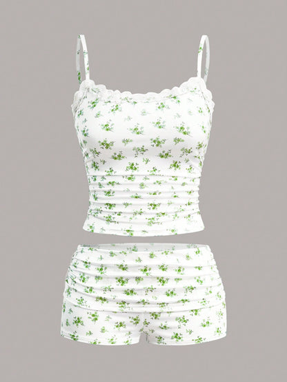 SHEIN EZwear Set de 2 piezas top de camisola y shorts con contraste de encaje y estampado floral ditsy para mujer