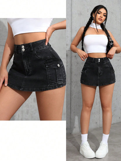 SHEIN EZwear Shorts de mezclilla ajustados de unicolor con bolsillos para mujeres, para el verano
