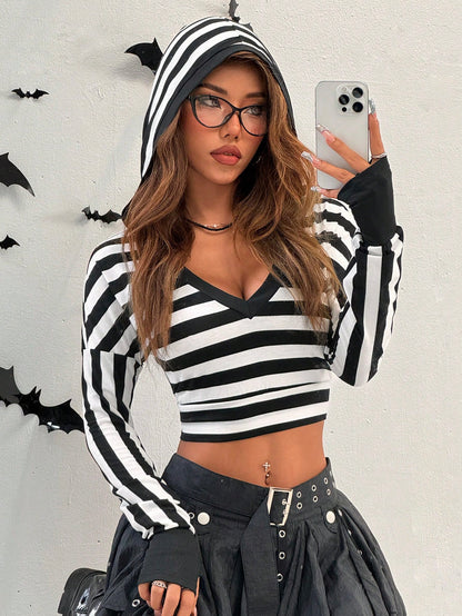 SHEIN EZwear Sudadera con capucha de manga larga con cuello en V a rayas para mujeres, Primavera Otoño