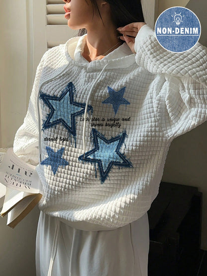 SHEIN EZwear Sudadera con capucha holgada de manga larga con estampado de parche de estrella azul minimalista casual para mujer, otoño/invierno
