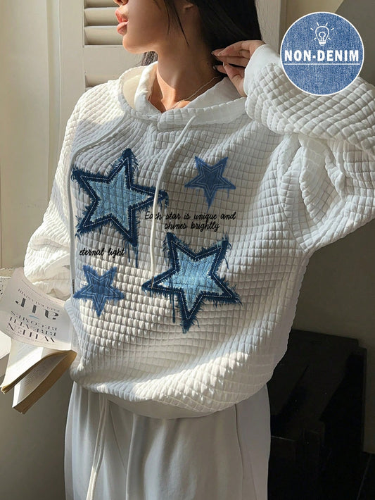 SHEIN EZwear Sudadera con capucha holgada de manga larga con estampado de parche de estrella azul minimalista casual para mujer, otoño/invierno