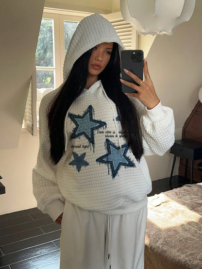 SHEIN EZwear Sudadera con capucha holgada de manga larga con estampado de parche de estrella azul minimalista casual para mujer, otoño/invierno