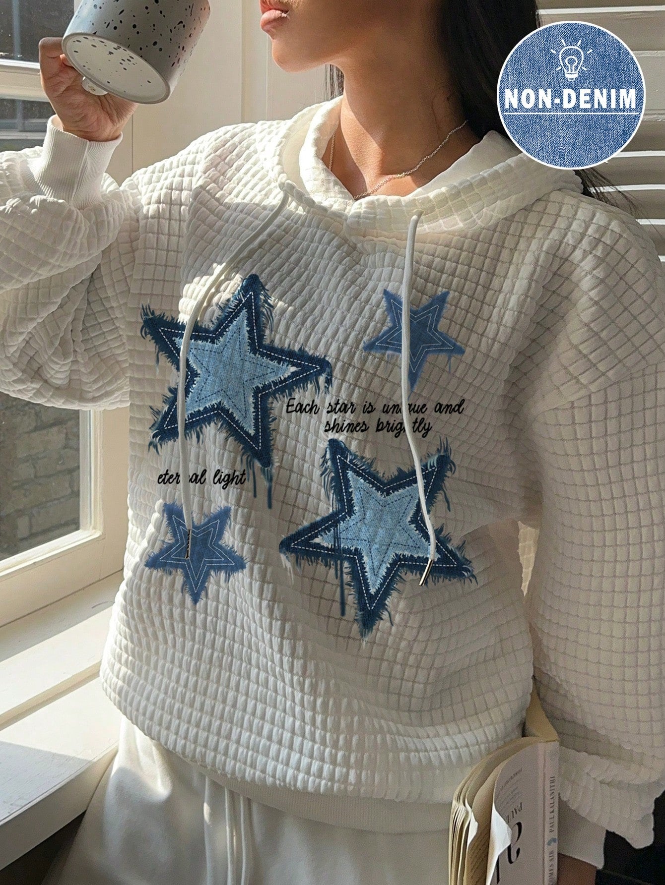 SHEIN EZwear Sudadera con capucha holgada de manga larga con estampado de parche de estrella azul minimalista casual para mujer, otoño/invierno
