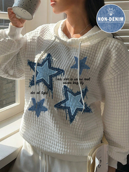 SHEIN EZwear Sudadera con capucha holgada de manga larga con estampado de parche de estrella azul minimalista casual para mujer, otoño/invierno