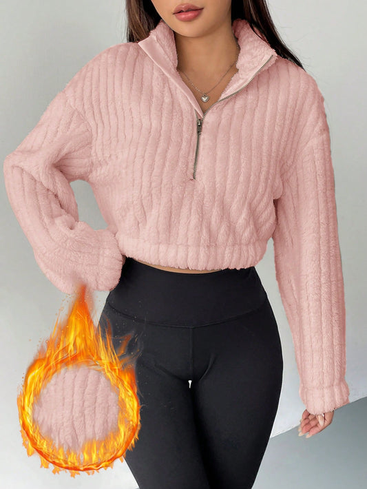 SHEIN EZwear Sudadera corta con media cremallera y hombros caídos en color caqui, blusas de manga larga