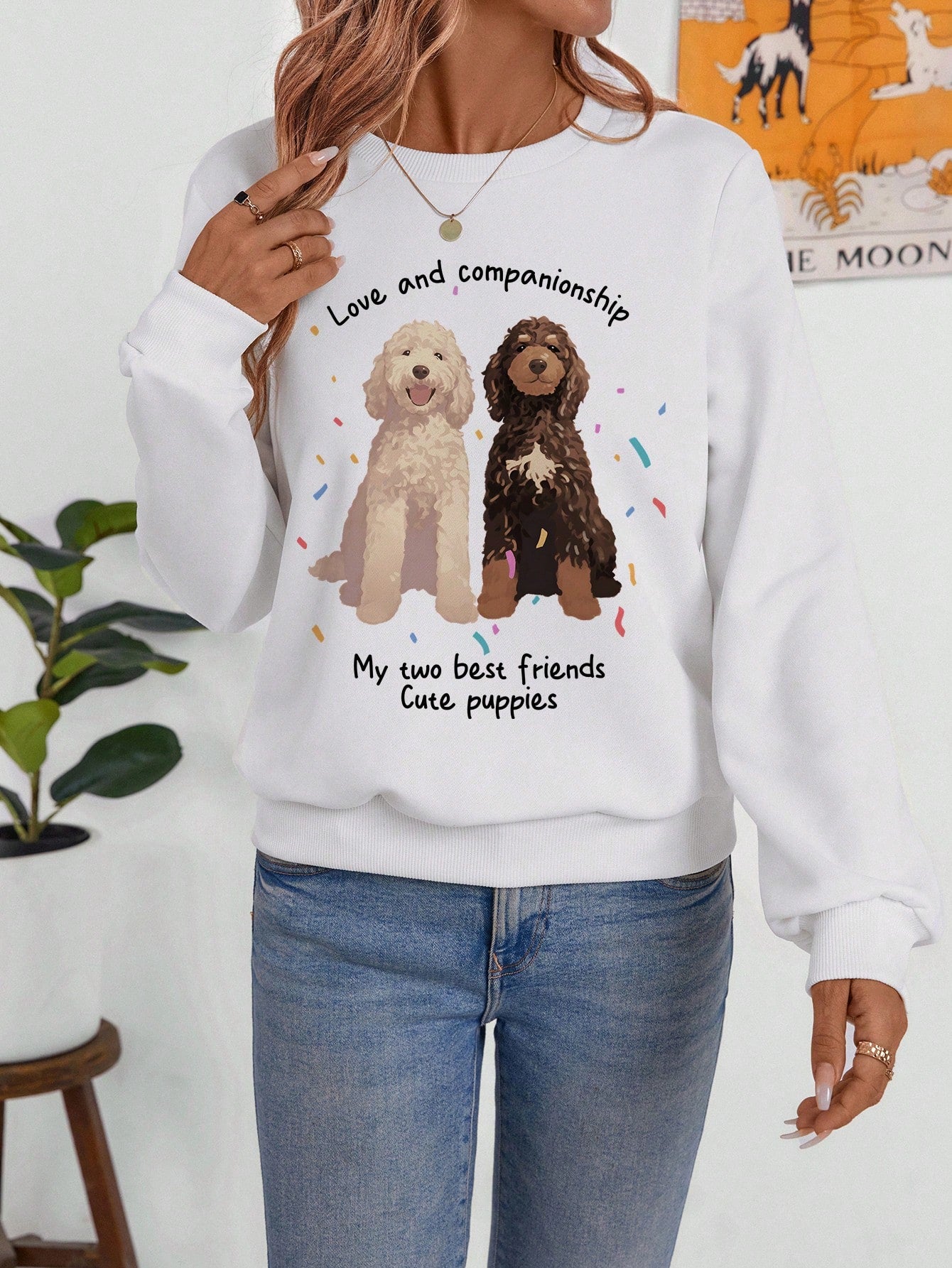 SHEIN EZwear Sudadera de cuello redondo de manga larga y ajuste suelto informal con estampado minimalista impreso de día del perro y festivo para mascotas, adecuada para el verano