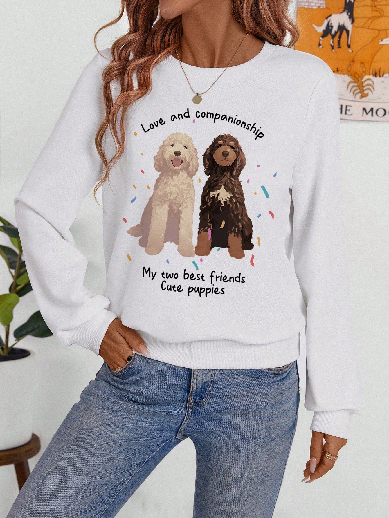 SHEIN EZwear Sudadera de cuello redondo de manga larga y ajuste suelto informal con estampado minimalista impreso de día del perro y festivo para mascotas, adecuada para el verano