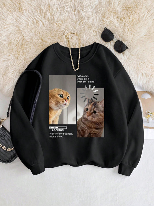 SHEIN EZwear Sudadera de mujer de ajuste regular con cuello redondo con estampado gráfico de cara de gato y eslogan