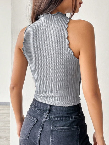 SHEIN EZwear Top Corto De Punto Gris Para Mujer Con Dobladillo Estilo Lechuga