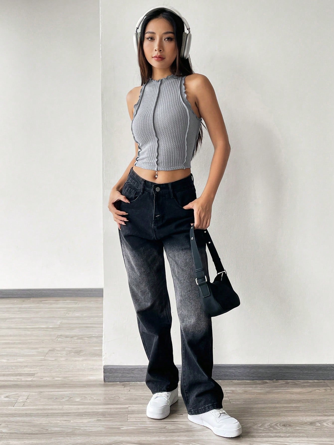 SHEIN EZwear Top Corto De Punto Gris Para Mujer Con Dobladillo Estilo Lechuga