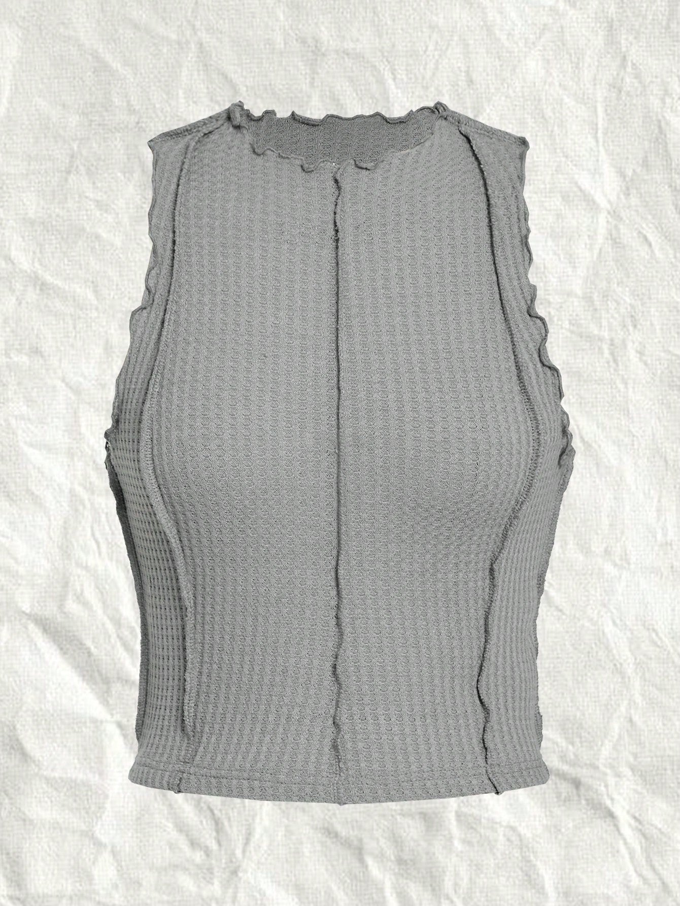 SHEIN EZwear Top Corto De Punto Gris Para Mujer Con Dobladillo Estilo Lechuga