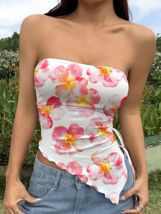 SHEIN EZwear Top bandeau con estampado floral y dobladillo asimétrico, adecuado para el verano, para mujer