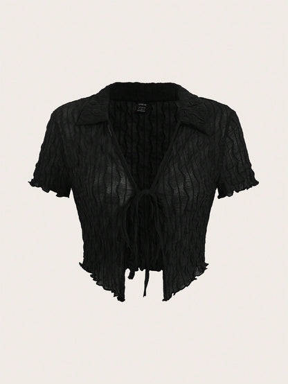 SHEIN EZwear Top con cordón delantero ribete en forma de lechuga de malla
