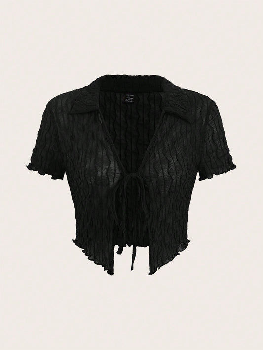 SHEIN EZwear Top con cordón delantero ribete en forma de lechuga de malla