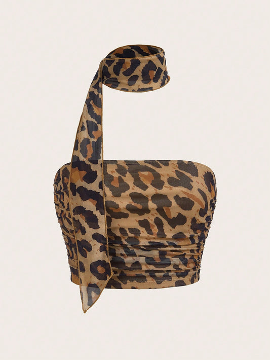 SHEIN EZwear Top con cuello de choker de malla con estampado de leopardo para mujeres