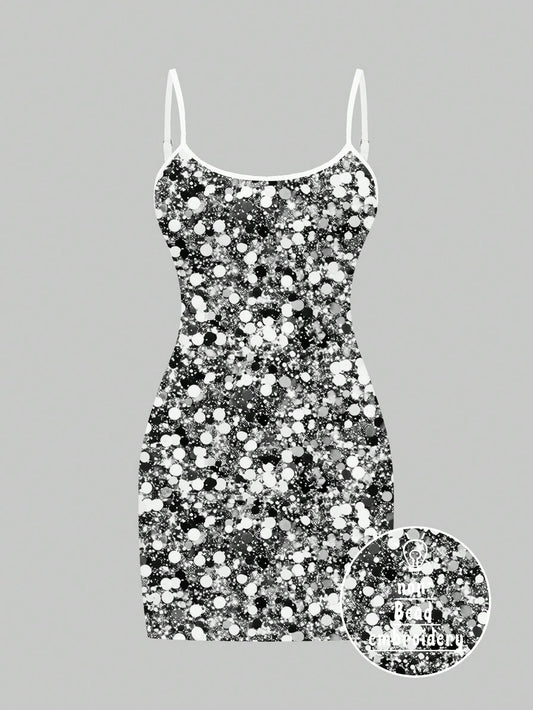 SHEIN EZwear Vestido corto de fiesta casual con tirantes finos y diseño estampado con lentejuelas plateadas, ajuste ceñido para mujer