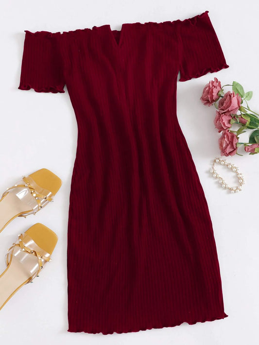 SHEIN EZwear Vestido ribete en forma de lechuga de hombros descubiertos escote V