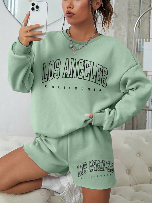 SHEIN EZwear con estampado de letra de hombros caídos Sudadera & Shorts deportivos