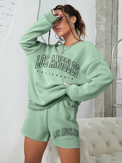 SHEIN EZwear con estampado de letra de hombros caídos Sudadera & Shorts deportivos