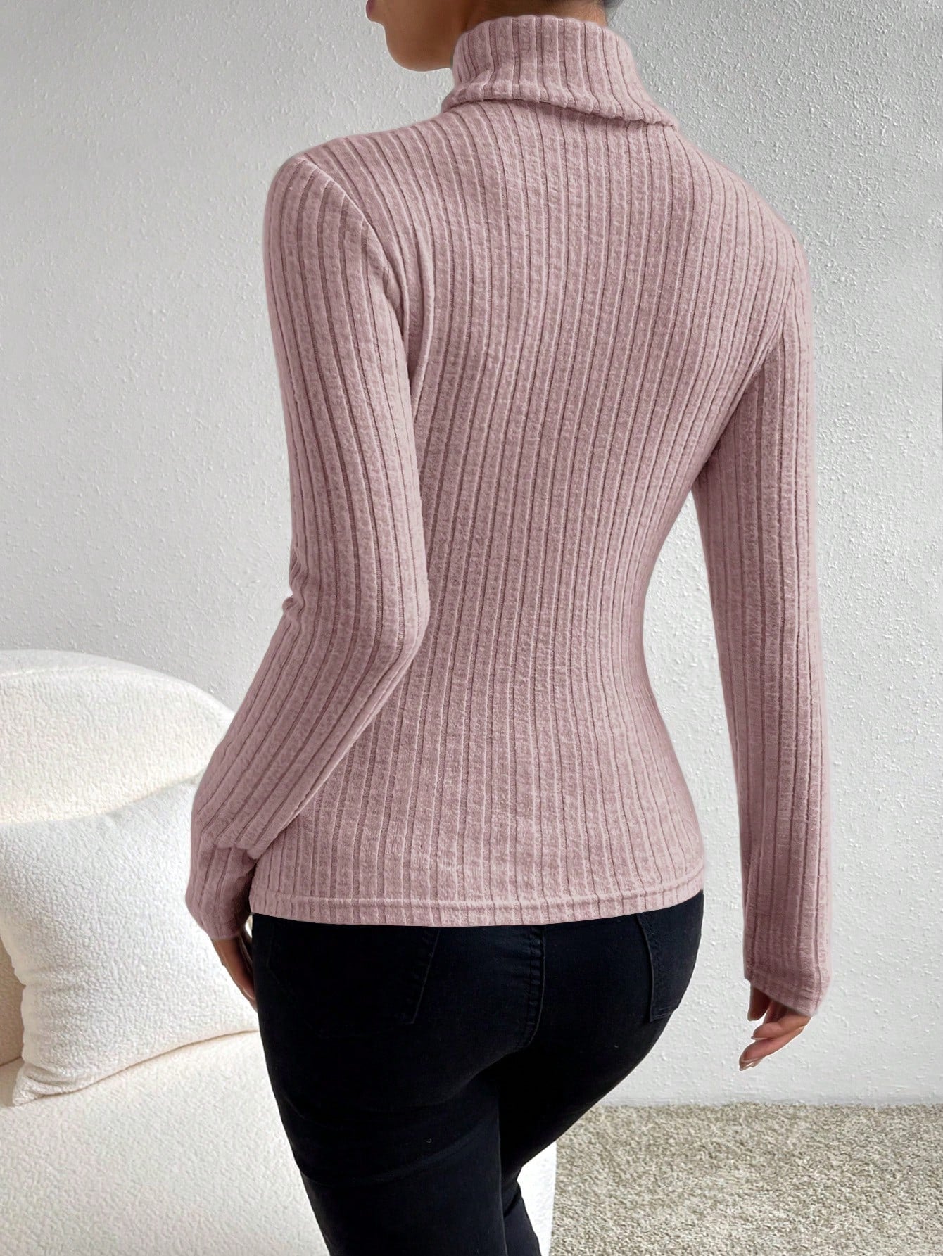 SHEIN Essnce Blusa casual de mujer de cuello de tortuga, manga larga, de punto acanalado y ajuste ceñido, de color liso