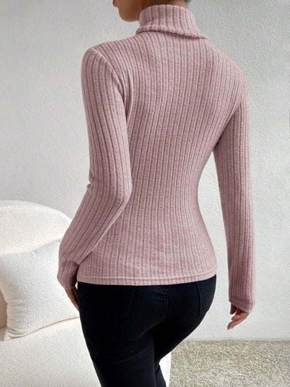 SHEIN Essnce Blusa casual de mujer de cuello de tortuga, manga larga, de punto acanalado y ajuste ceñido, de color liso