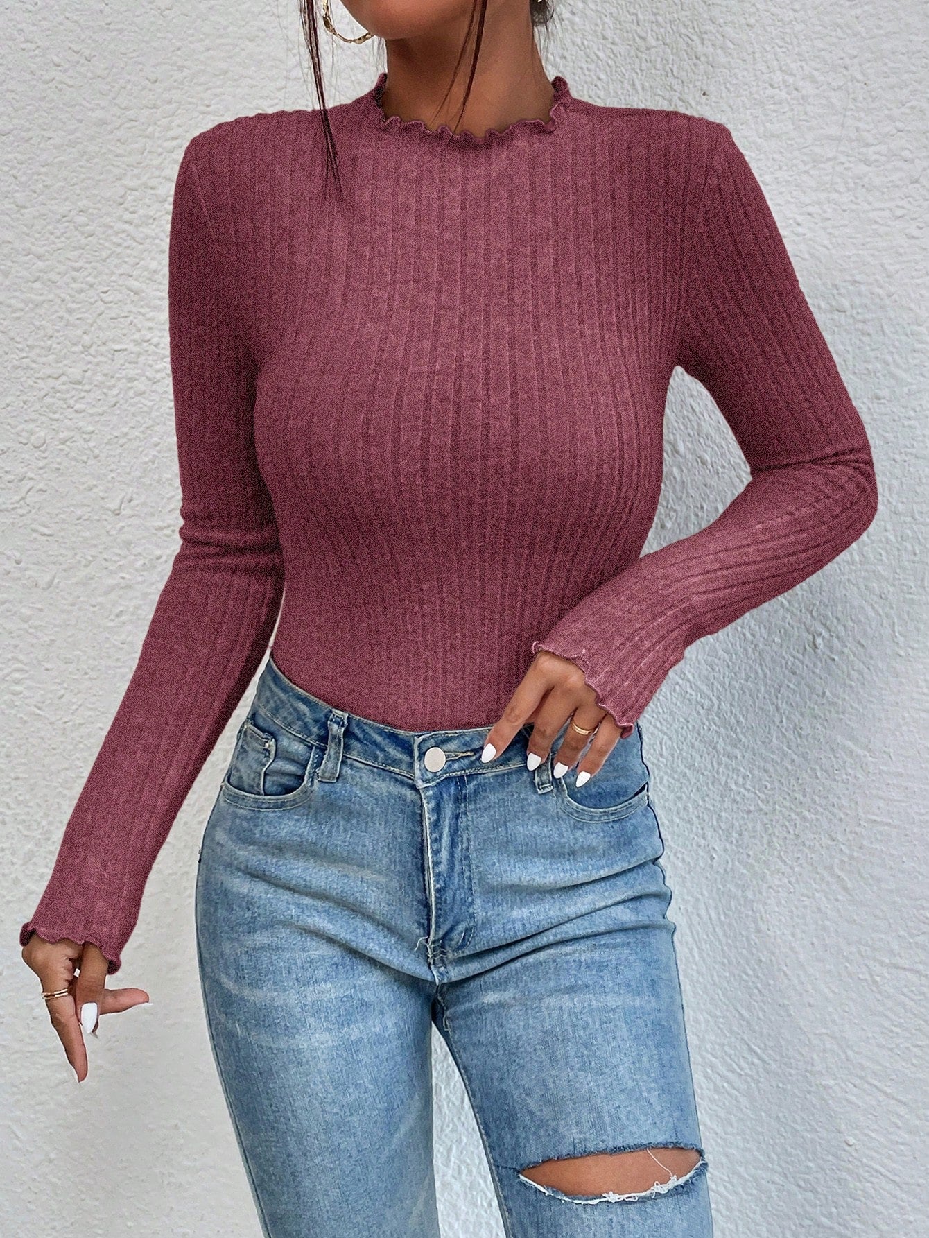 SHEIN Essnce Body de mujer con cuello redondo, manga larga y volantes en un solo color