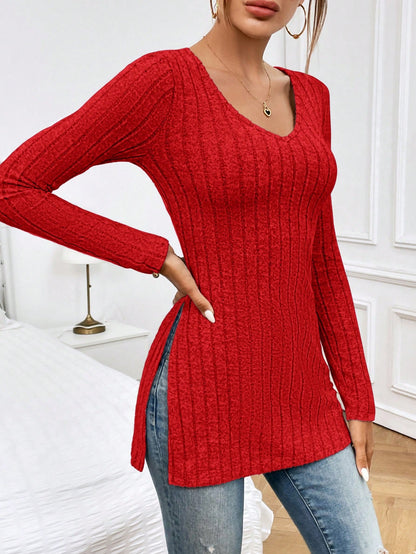 SHEIN Essnce Camiseta casual de mujer de cuello en V liso de manga larga con acanalado y abertura lateral, para otoño
