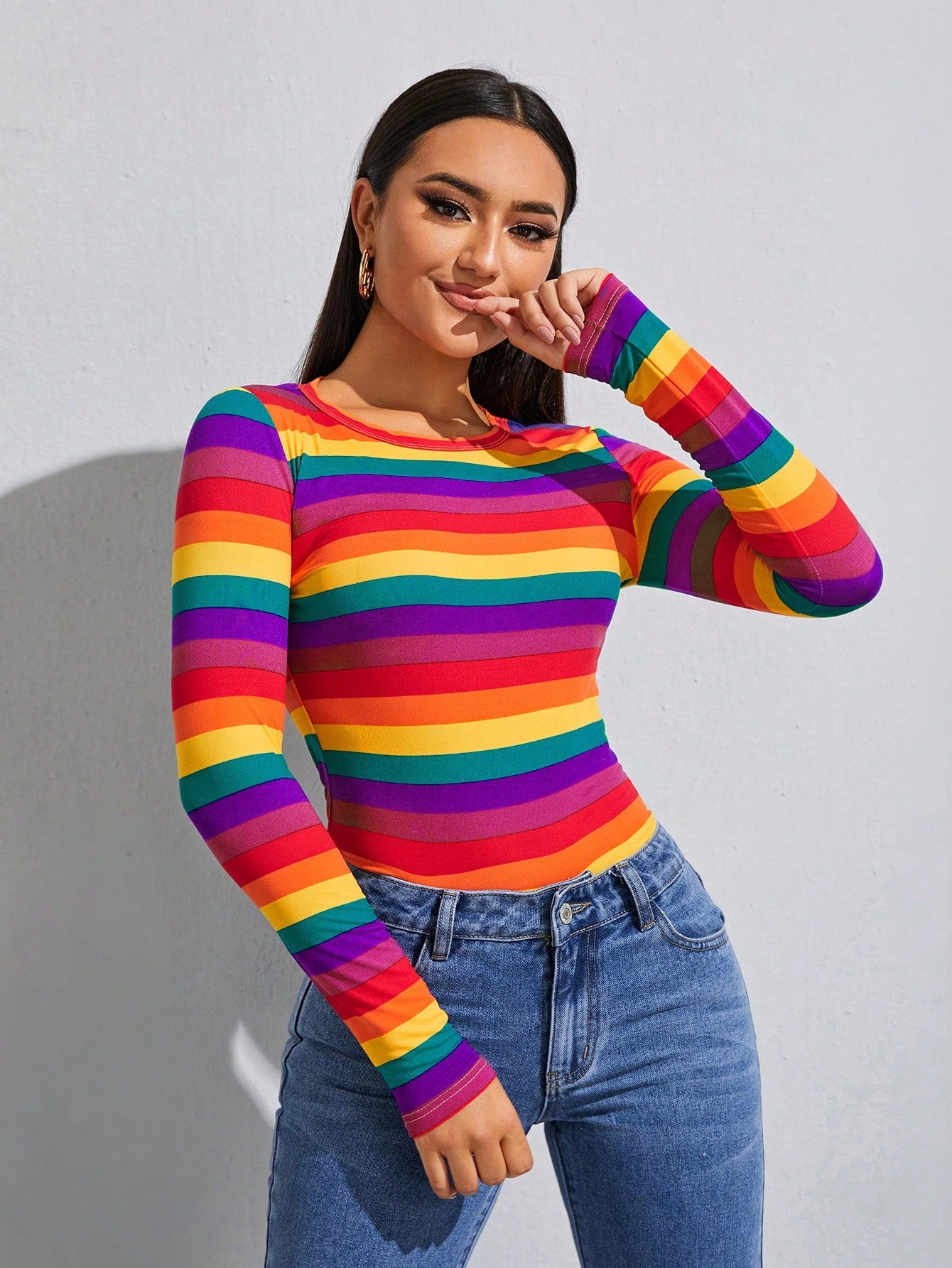 SHEIN Essnce Camiseta de manga larga casual de rayas arcoíris para mujer, apta para primavera y otoño