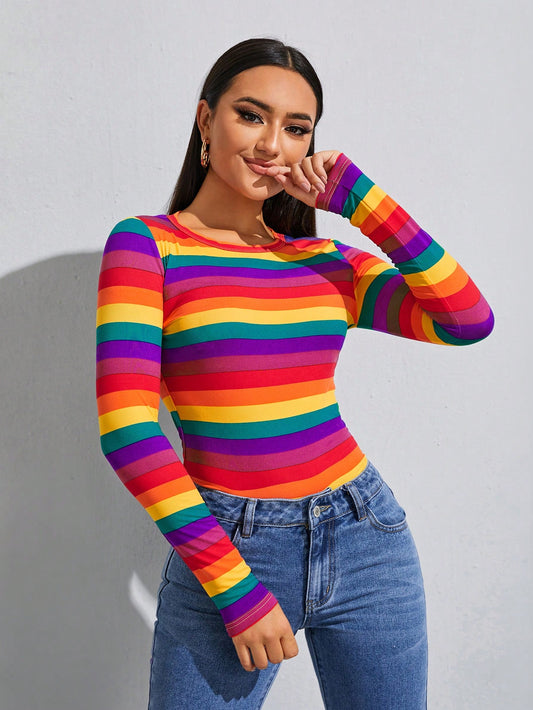 SHEIN Essnce Camiseta de manga larga casual de rayas arcoíris para mujer, apta para primavera y otoño