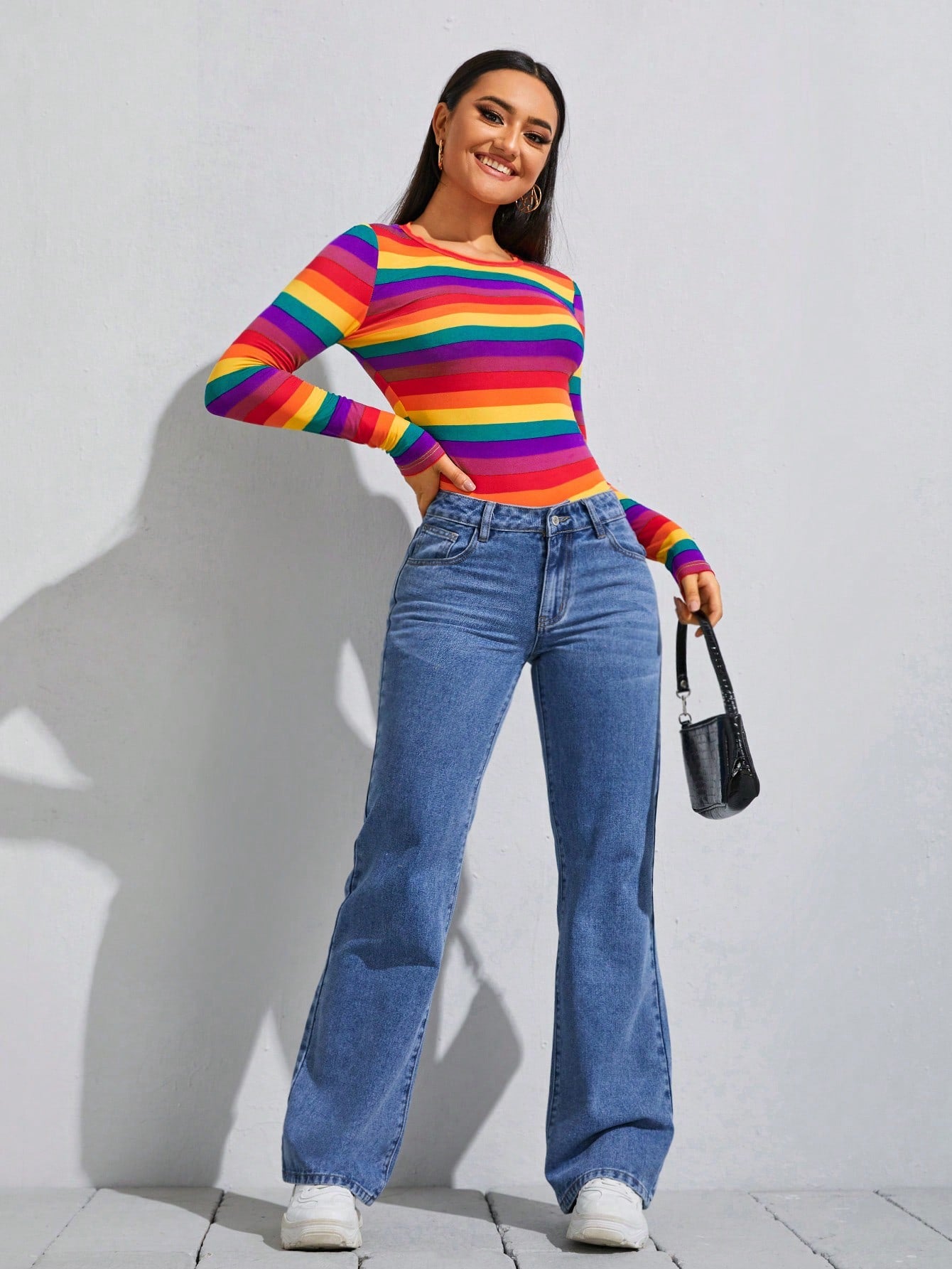 SHEIN Essnce Camiseta de manga larga casual de rayas arcoíris para mujer, apta para primavera y otoño
