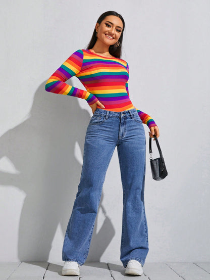 SHEIN Essnce Camiseta de manga larga casual de rayas arcoíris para mujer, apta para primavera y otoño