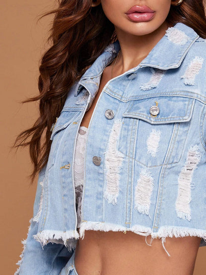 SHEIN Essnce Cazadora mezclilla rota bajo crudo Chaqueta