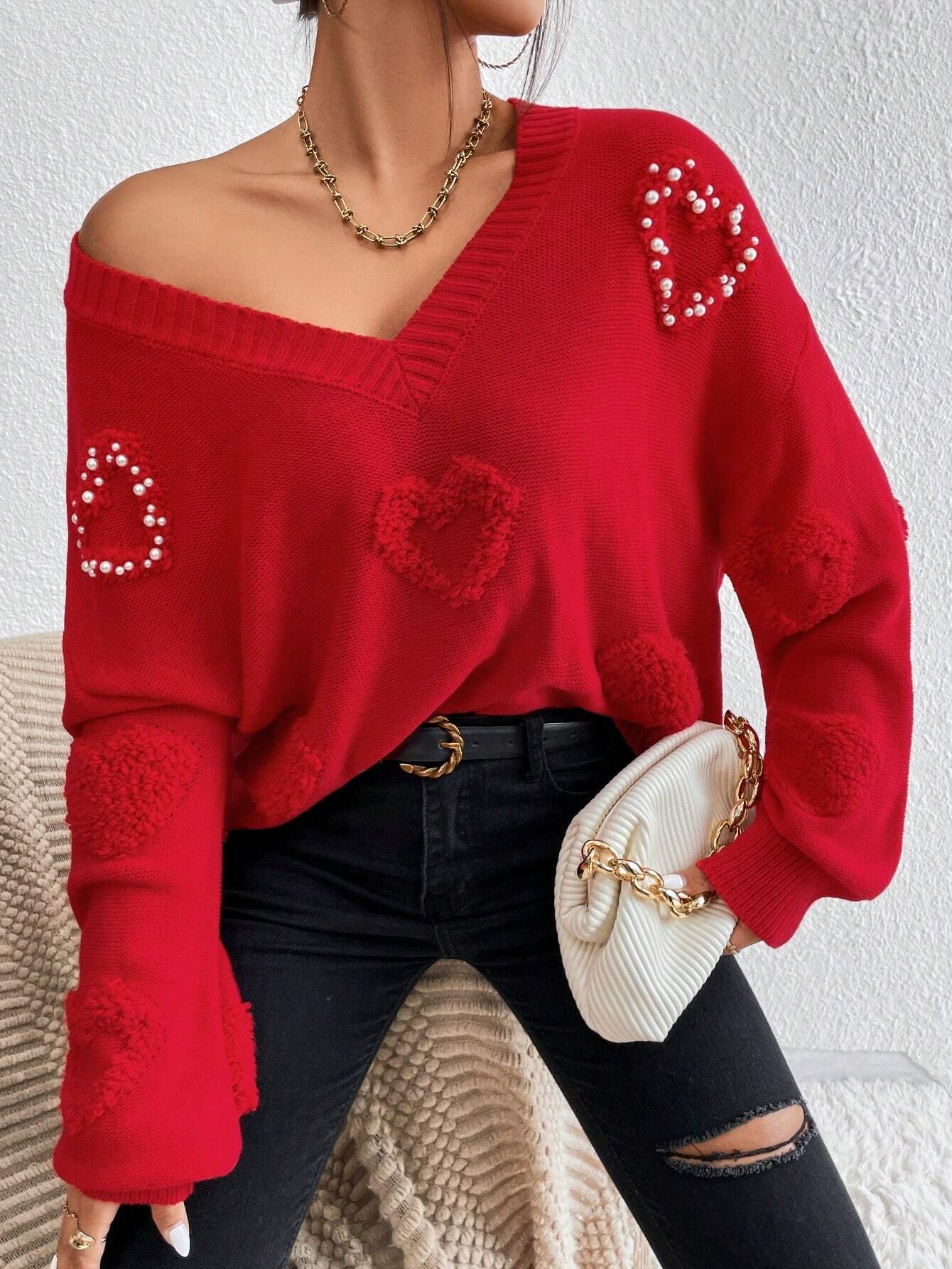 SHEIN Essnce Jersey con patrón de corazón de hombros caídos