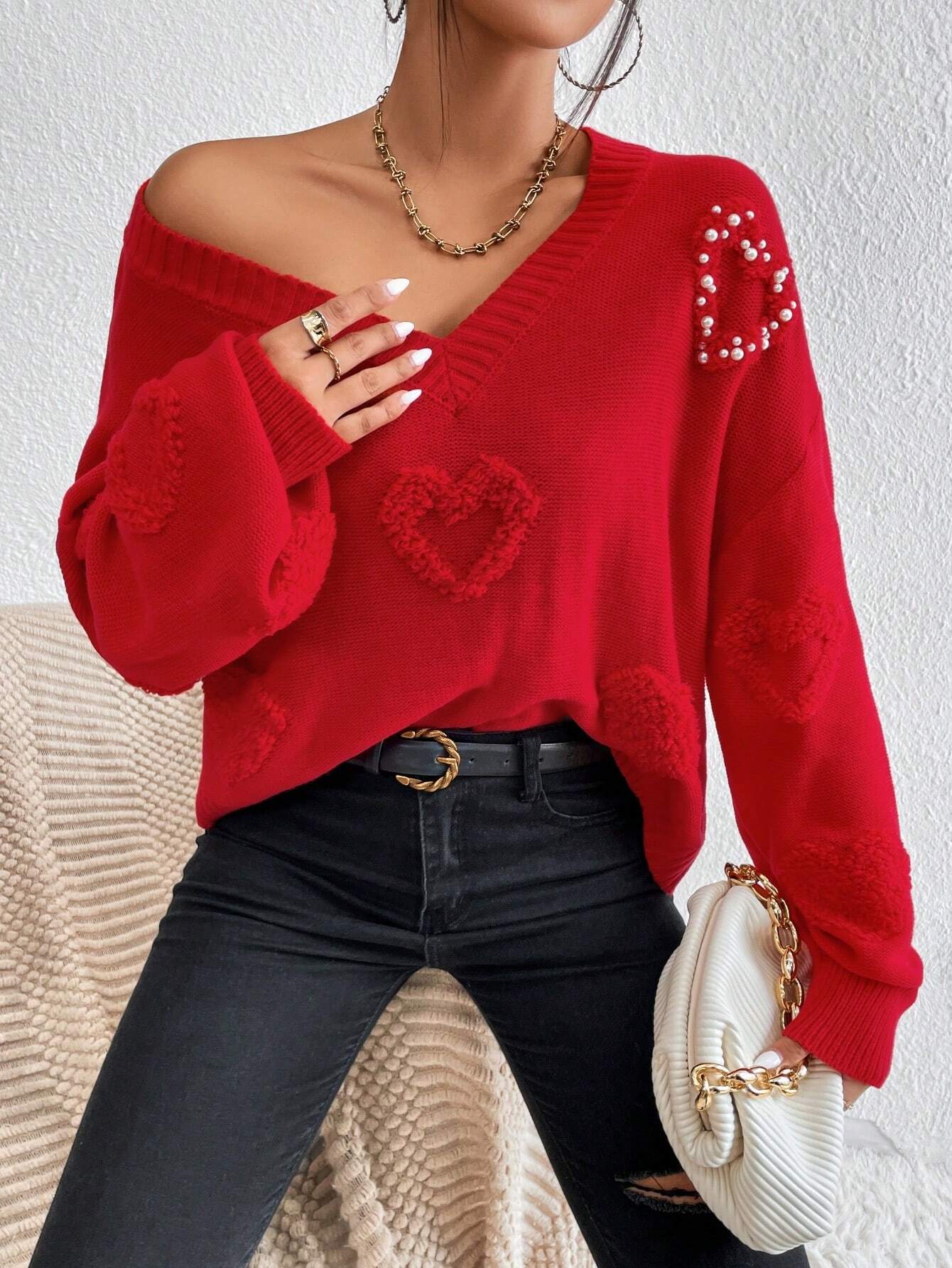 SHEIN Essnce Jersey con patrón de corazón de hombros caídos